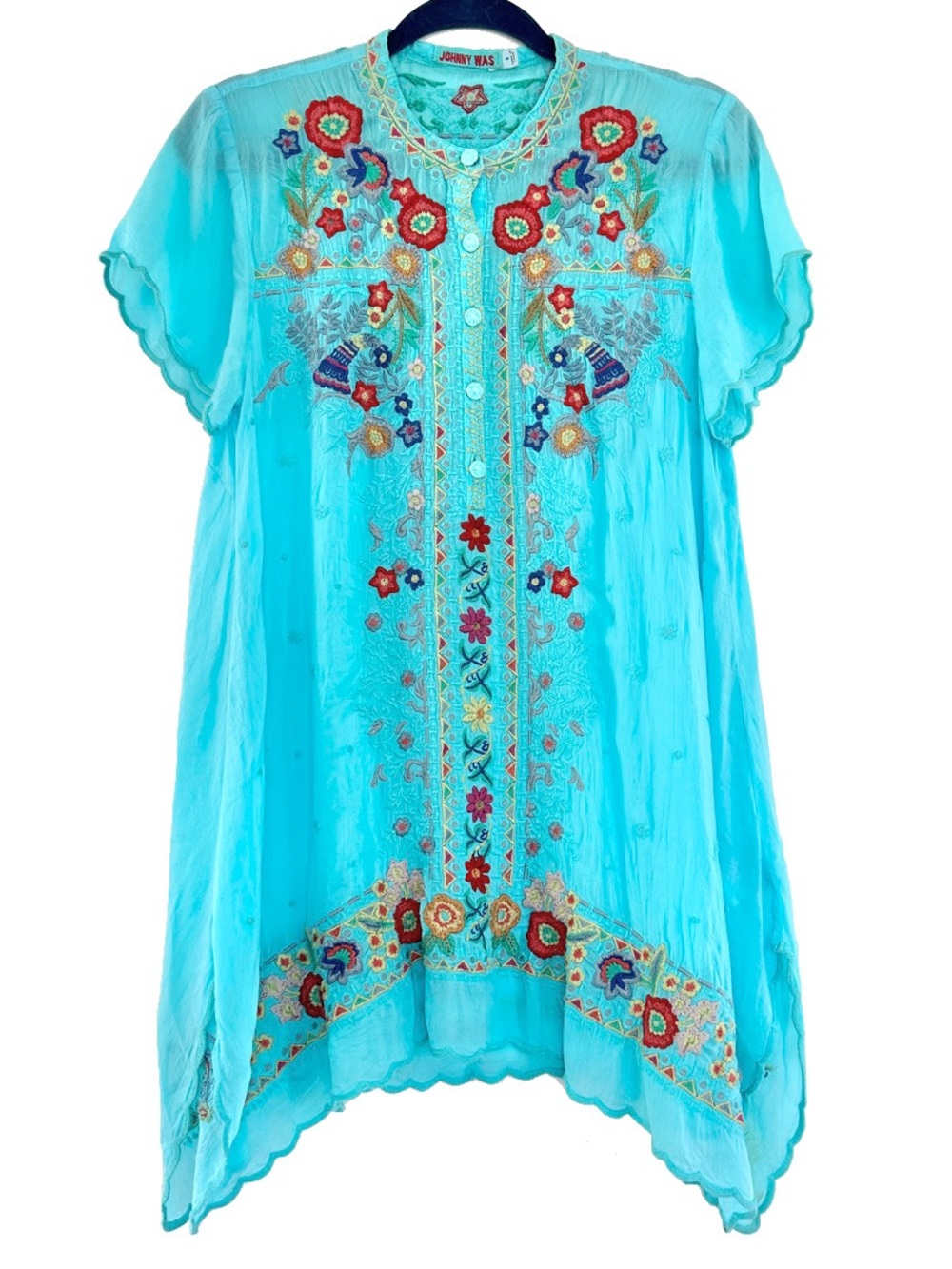 Johnny Was Small Aqua Mikones Tunic FLAWED Boho Lightweight Beach Festival